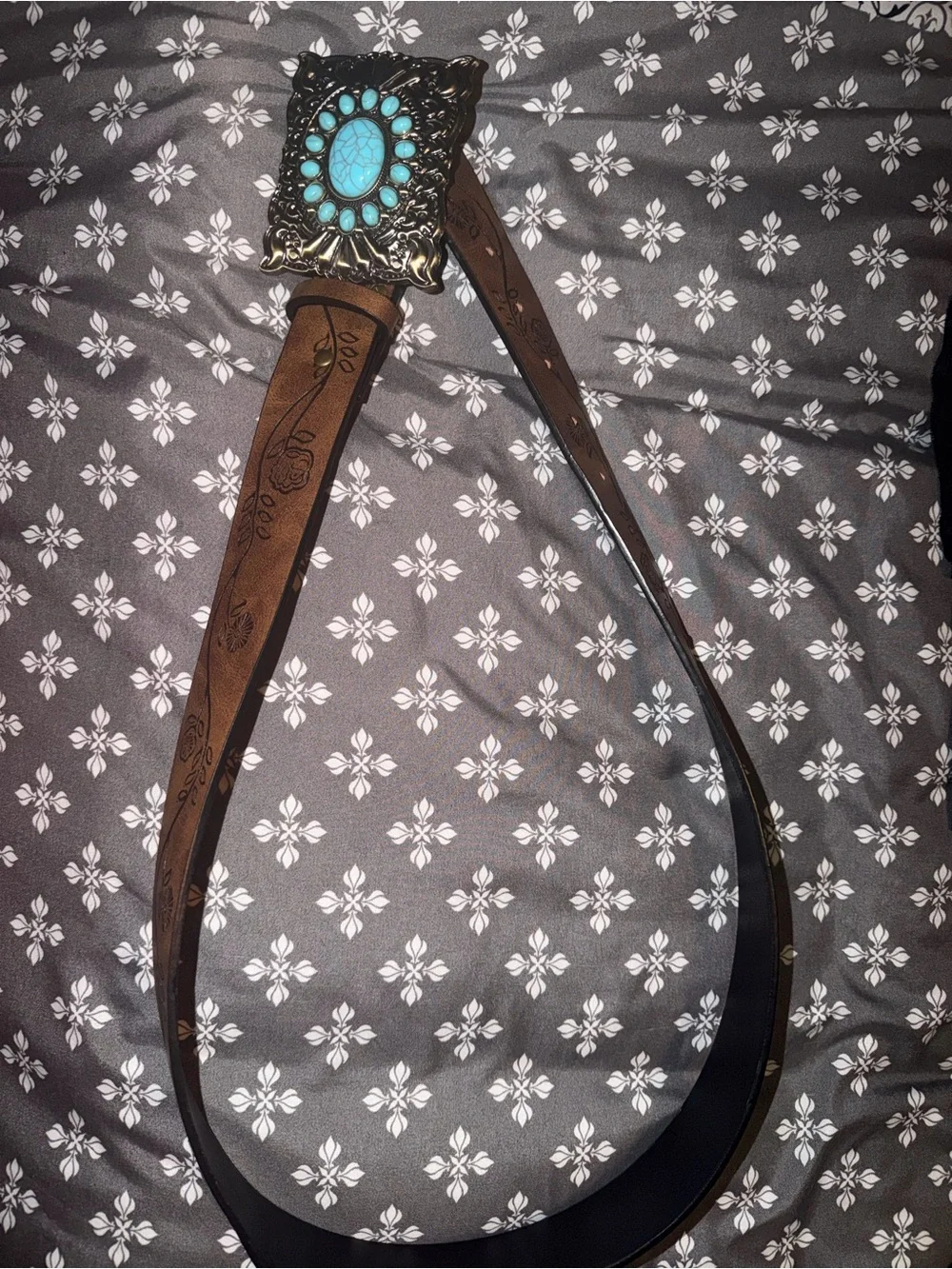 SHEIN Brown Tooled Leather Belt with Turquoise-Style Oval Buckle